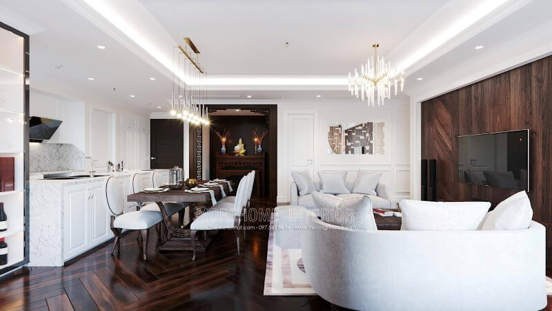 Thiết kế nội thất phòng ăn liền kề phòng khách tại căn hộ cao cấp Nội thất chung cư tân cổ điển đẹp
