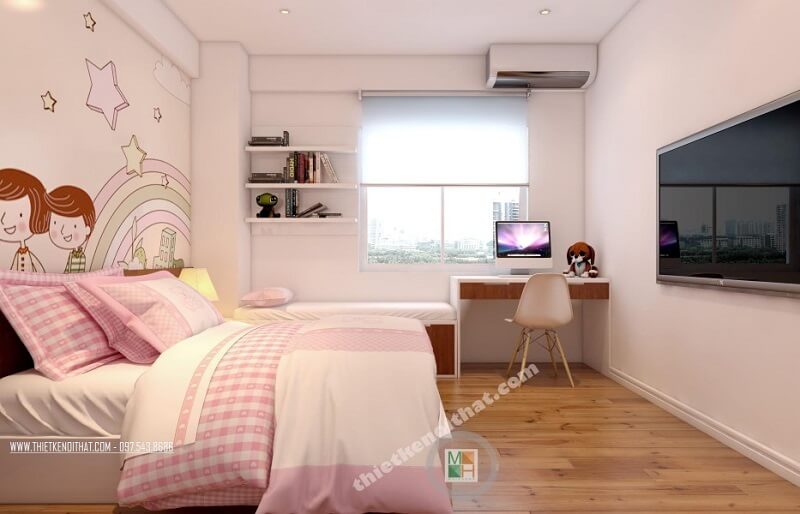 Mẫu thiết kế phòng ngủ bé gái màu hồng đẹp kết hợp tranh dán tường hình ảnh đáng yêu mang đến không gian phòng ngủ mơ ước cho các bé Thiết kế phòng ngủ