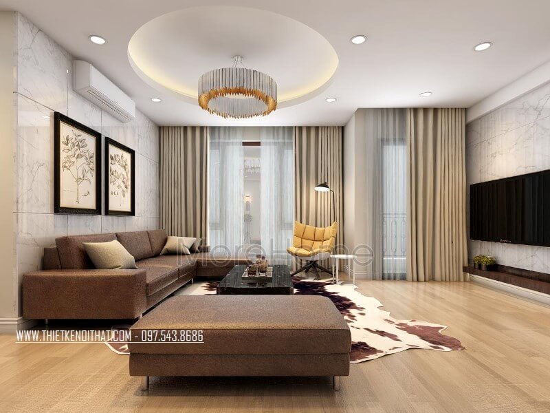 Bộ sofa hiện đại được thiết kế gọn gàng, không đi sâu vào các chi tiết nhỏ hay trạm khắc tinh tế giúp không gian tiếp khách trở nên hài hòa, không tạo cảm giác rườm rà, khó chịu Thiết kế phòng khách chung cư hiện đại