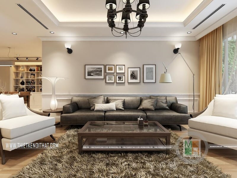 Mẫu thiết kế phòng khách đẹp với trang trí nội thất độc đáo sử dụng thảm lông màu sẫm kết hợp bộ sofa da cao cấp thu hút mọi ánh nhìn Thiết kế phòng khách chung cư hiện đại