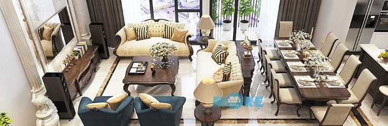 Hoàn thiện, bàn giao bộ sofa Tân cổ điển MS-007 gỗ tự nhiên Óc chó, bọc nỉ cao cấp nhập khẩu tại chung cư Vinhomes Gardenia sang trọng