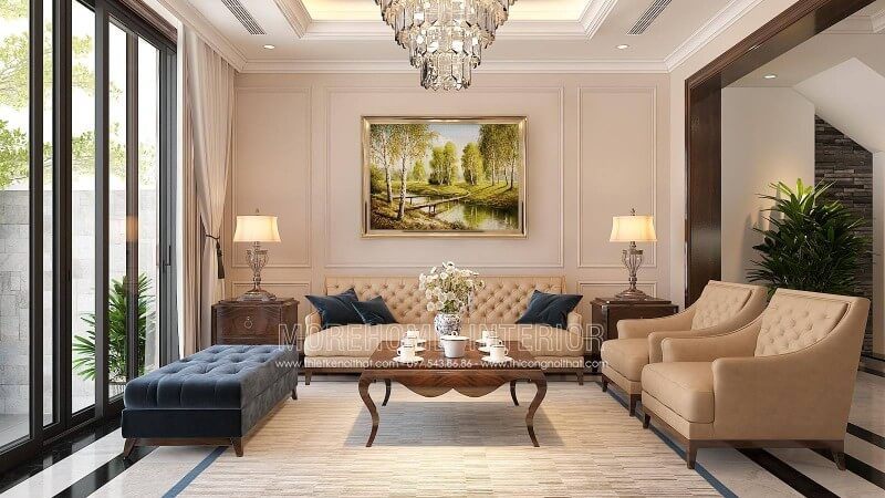 Mẫu sofa gỗ óc chó bọc nỉ tân cổ điển cao cấp cho nhà phốbiệt thự mang lại không gian nội thất phòng khách sang trọng