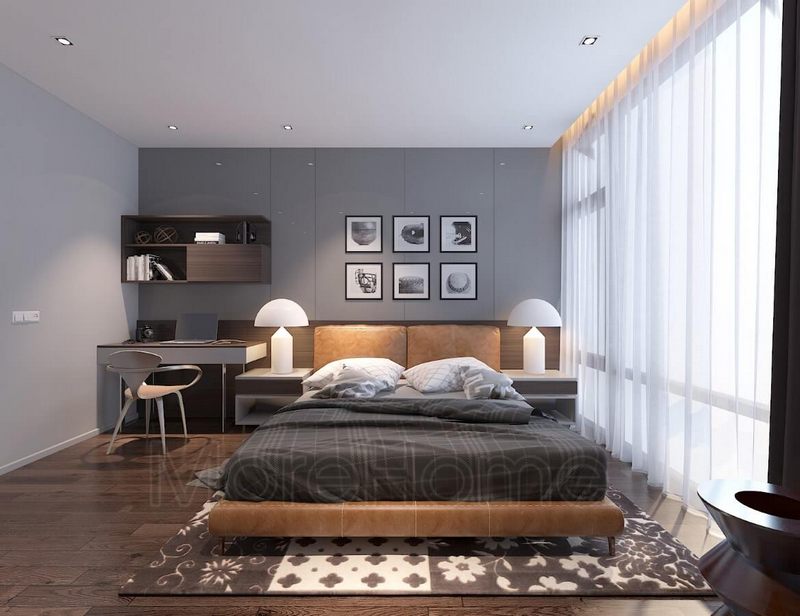 Bàn làm việc và giá sách có thiết kế đơn giản bằng gỗ công nghiệp laminate hiện đại và nhẹ nhàng.