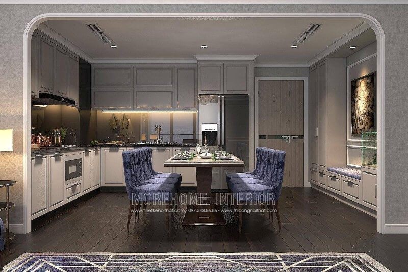 Tủ bếp có thiết kế sơn trắng với đường nét tân cổ điển đẹp mắt và làm từ gỗ tự nhiên.